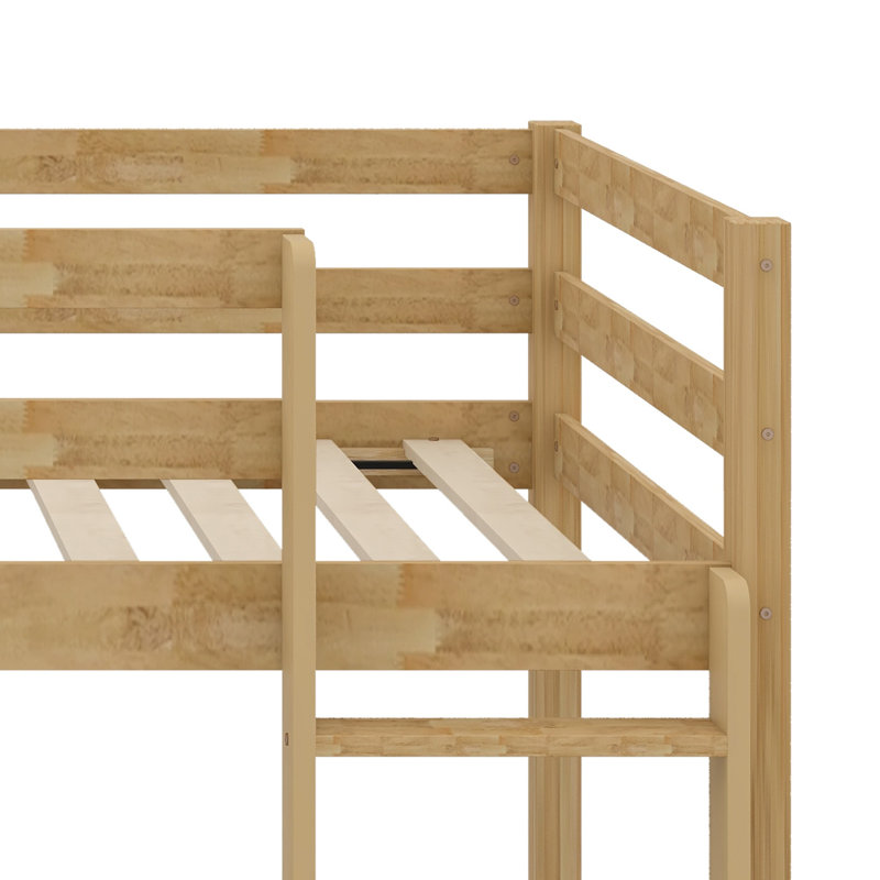 Floor Bunk Bed, Ladder Included and Bed Platform with Strengthened Slats, Natural