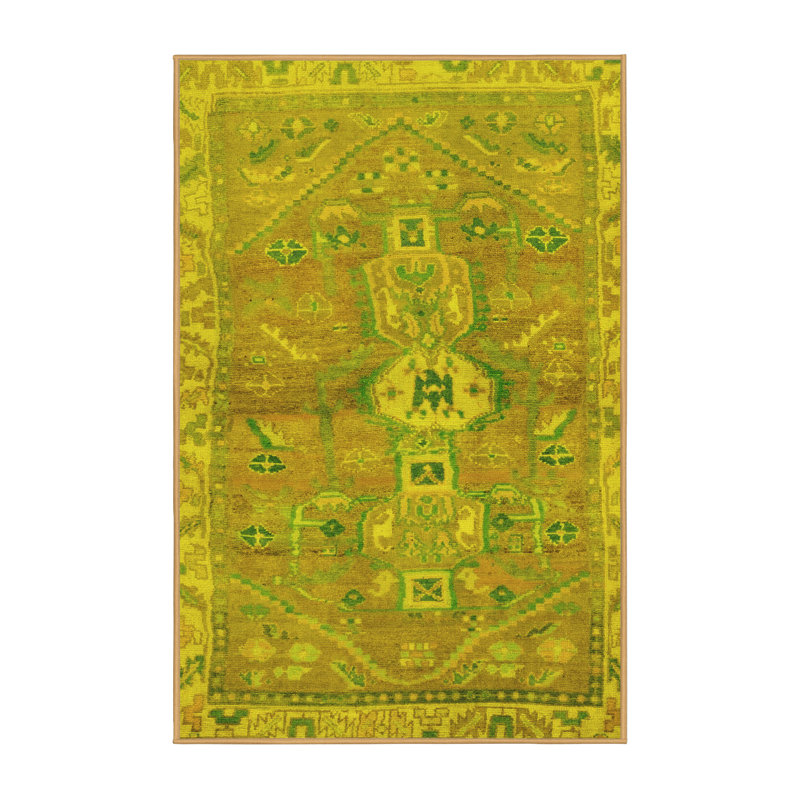 Tapis oriental fabriqué à la machine en jaune, Rectangle 2 pi x 3 pi