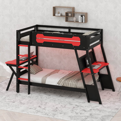 Wood Bunk Bed With Desk, Bunk Bed With Charging Station And Pegboard, Game Room Bunk Beds For Small Space