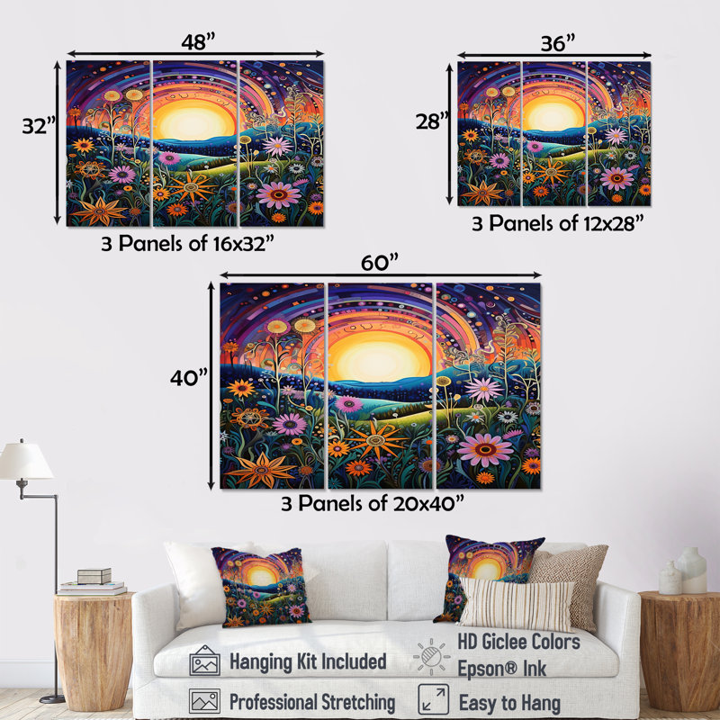 Rainbow Sunset, fleurs printanières colorées - ensemble d'art mural prairie, H 28 po x l 36 po x P 1 po, Toile tendue