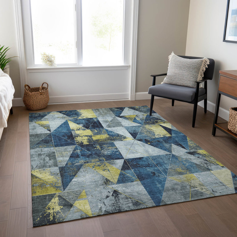 Machine Washable Indoor/Outdoor Xhevrie Navy Rug, Rectangle 2'6" x 3'10"