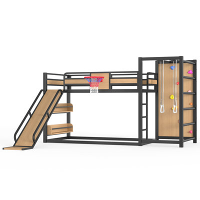 Lit mezzanine / lit superposé simple en métal avec panier de basketball, anneaux de traction, mur d'escalade et étagères intégrées. Conception ludique pour enfants avec glissade