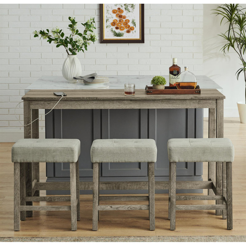 59-Inch Multifunctional Bar/Dining/Sofa Table Set Built-in 2 AC Outlets + 2 USB Ports 3 Linen-Upholstered Stools 4-Piece Set for Living Room, Dining & Kitchen 250lbs Weight Capacity per Stool