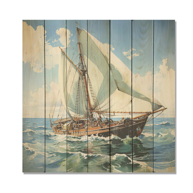 Voilier, aquarelle, horizon vert II - Bateau à voile sur bois, H 25 po x l 25 po