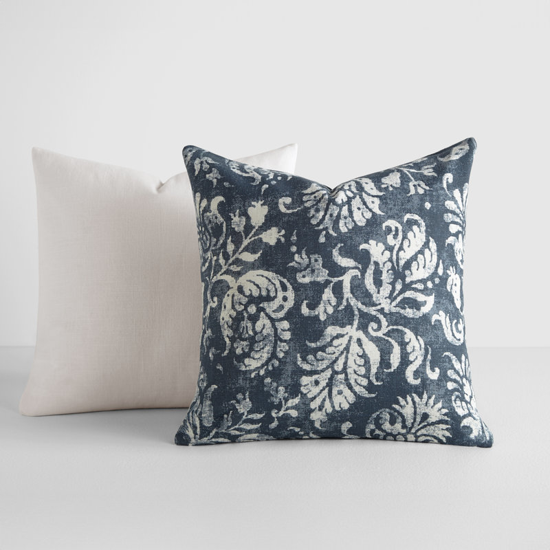 2-Pack Cotton Slub Decor Throw Pillows in Distressed Floral, Cream/ Navy Distressed Floral
