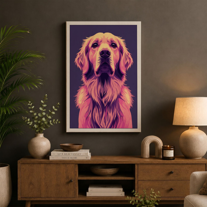 Golden Retriever Portrait Modern - Wrapped Canvas, 24x16 - 61.0 x 40.6 cm, Teal Border