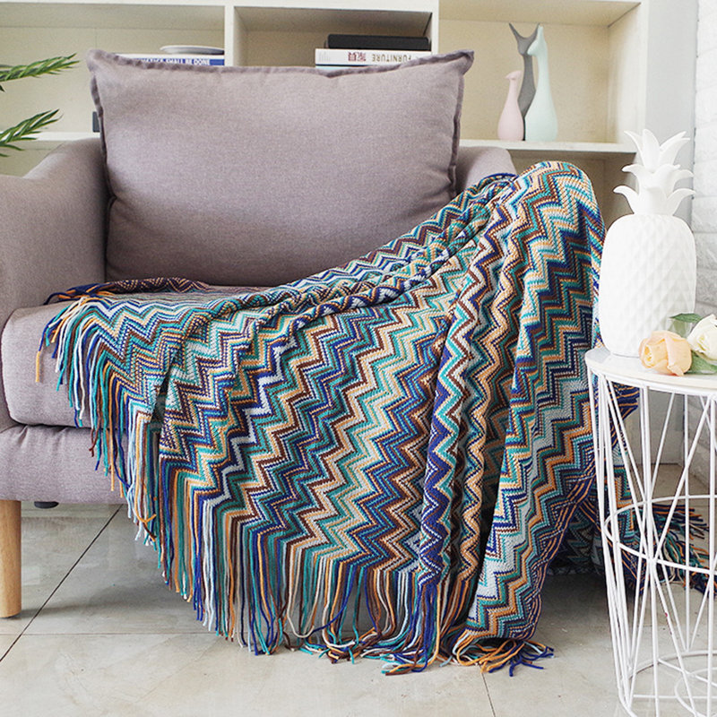 Boho Blue Chevron Knitted Throw Blanket with Tassels, 50"x60"