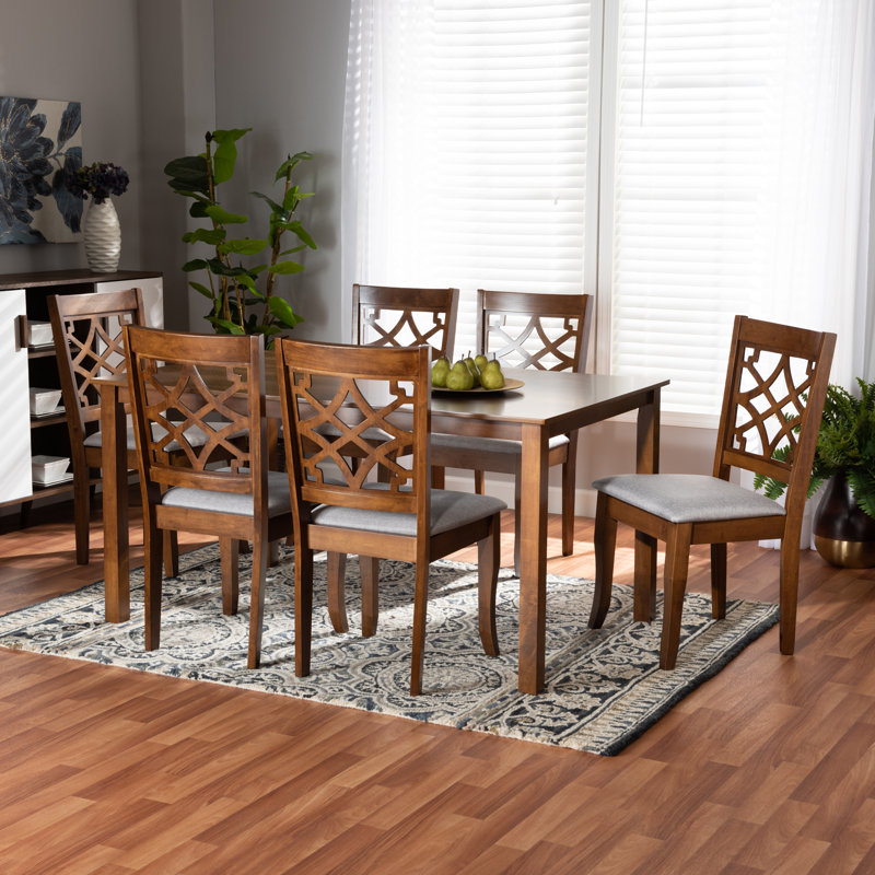 Meladie 7-Pc Dining Set in Grey Fabric and Walnut Finished Wood, 37.4'' H X 18.1'' W X 20.3'' D, Brown
