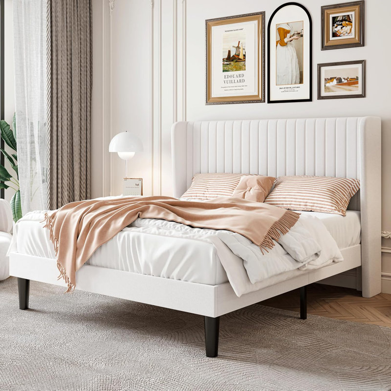 Ophir Queen Size Velvet Bed Frame with Vertical Channel Tufted Wingback Headboard, Upholstered Platform Bed with Wood Slats, No Box Spring Needed, Easy Assembly, White