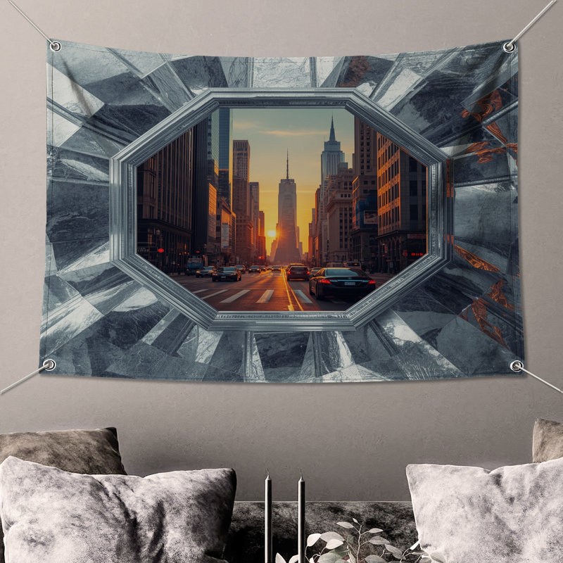 Tapisserie murale «City Sunset Skyline» - Décoration murale architecture, H 50 po x l 60 po avec 4 œillets