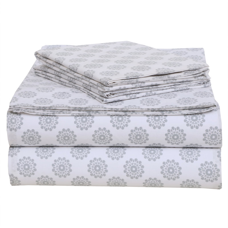 Ensemble de draps 100% coton 200 fils, Double, Mandalas gris