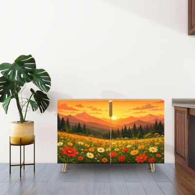 Buffet buffet avec rangement Sunset Mountain Meadow Colorful Daisies Pine Forest avec 2 portes pour le salon et la cuisine