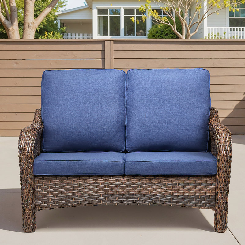 49.6 Inch PE Wicker Rattan Outdoor Patio Loveseat, Blue Deep Seat Cushions For Elegant And Durable Seating, Blue