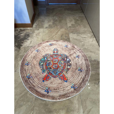 Birten Blue Animal Print Washable Non-Slip Indoor/Outdoor Round Area Rug
