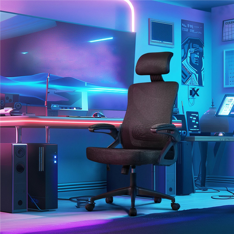 Fauteuil de travail ergonomique avec appui-tête et accoudoir rabattable Joyti, Noir, Noir