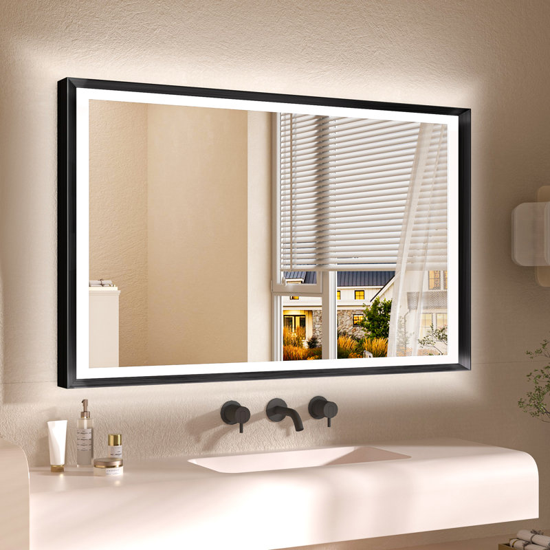 Miroir de salle de bain DEL rétroéclairé New Rockford, 48 po x 36 po, Noir, Rectangulaire