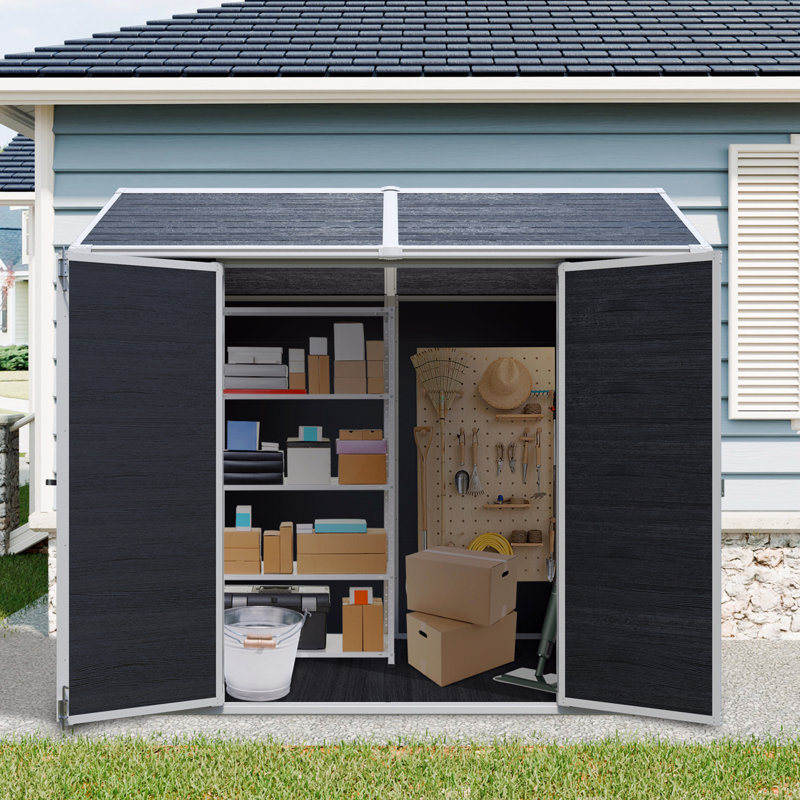 Remise de rangement extérieure en résine 8 x 6 pi imperméable avec plancher et deux fenêtres et porte verrouillable, remise à outils
