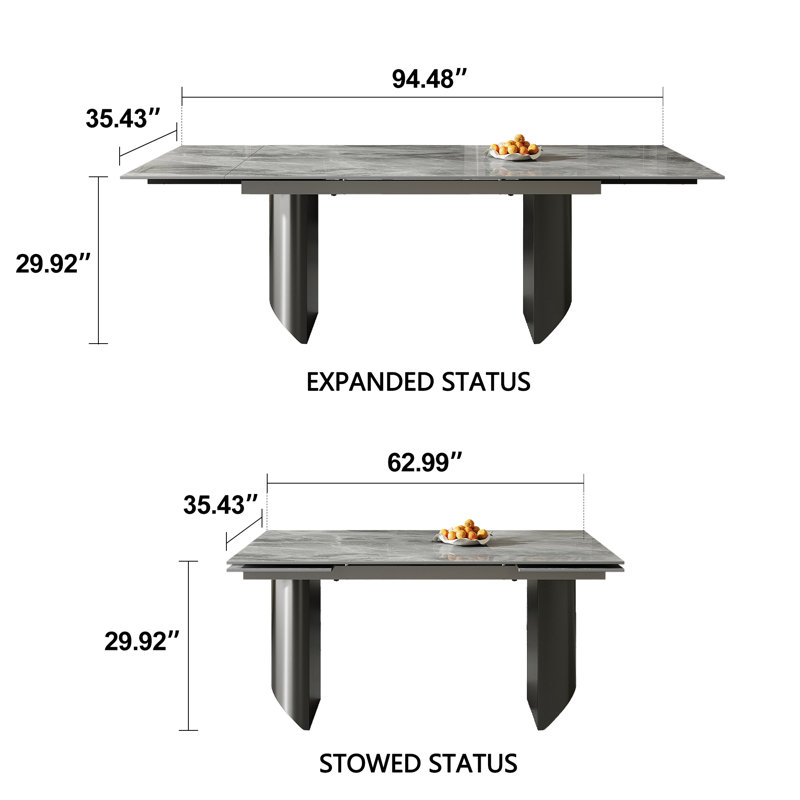 Modern 63" To 94.48" Extendable Sintered Stone Dining Table With Metal Legs , Seats 8-10, Italian Gray, Black