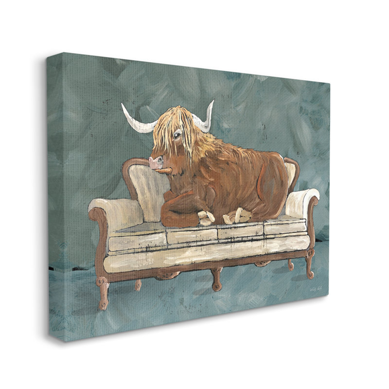 «Shaggy Bovins» au repos, canapé de salon, art mural surdimensionné vert gris par Cindy Jacobs, H 16 po x l 20 po x P 1,5 po