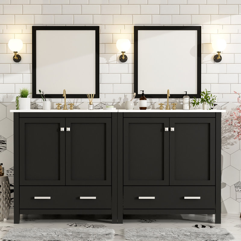60-Inch Bathroom Vanity Set with Double Sinks and Soft Close Doors, Black/Silver