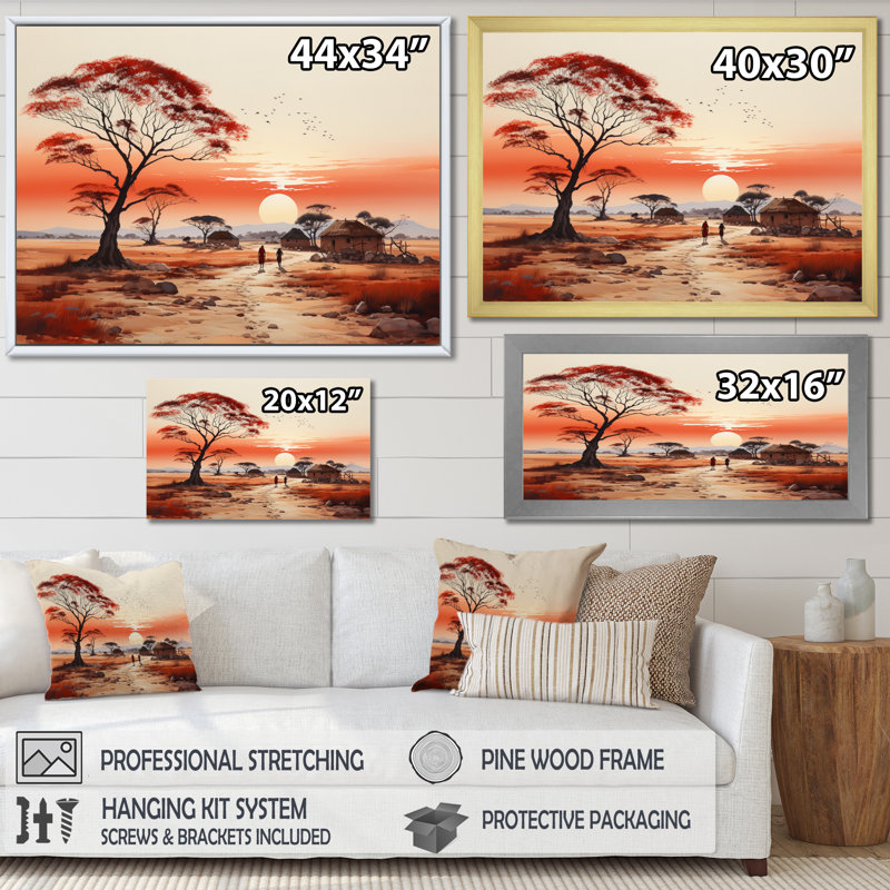 «Peach Red African Village Visions», reproduction sur toile, H 24 po x l 32 po x P 1 po, Cadre simple noir