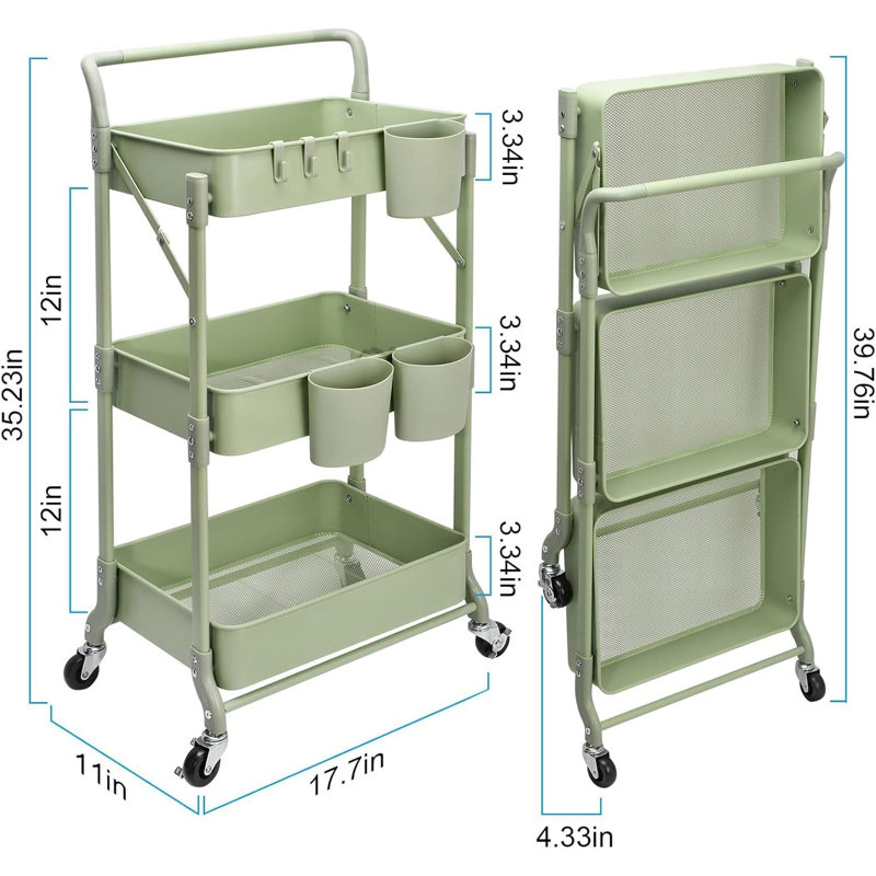 Chariot roulant pliable à 3 niveaux, Vert, H 39,76 po x l 17,7 po x P 11 po