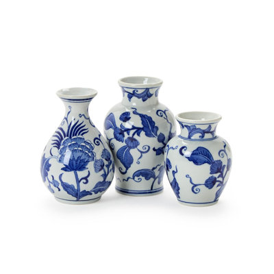 Blue Willow Set of 3 Hand Painted Chinoiserie Porcelain Decorative Vases