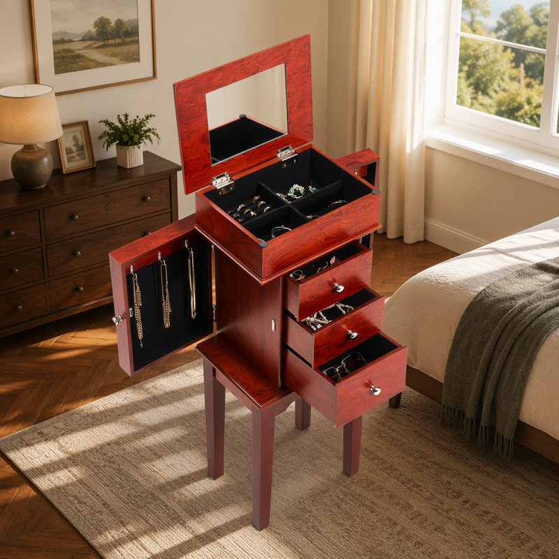 Armoire à bijoux sur pied avec miroir et trois tiroirs pour un rangement organisé et une présentation élégante