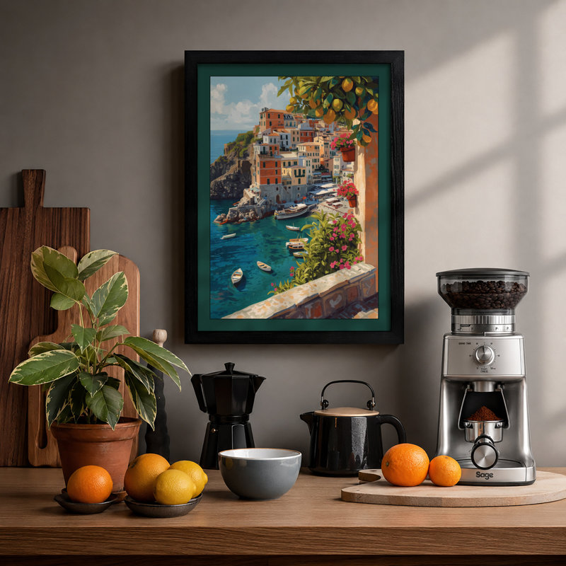 Mediterranean Village Coastal - Framed Print, A1 - 84.1 x 59.4 cm, Black