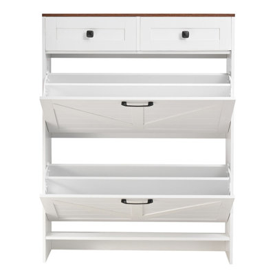 31.5" Farmhouse Shoe Cabinet in White & Walnut with Flip Drawers