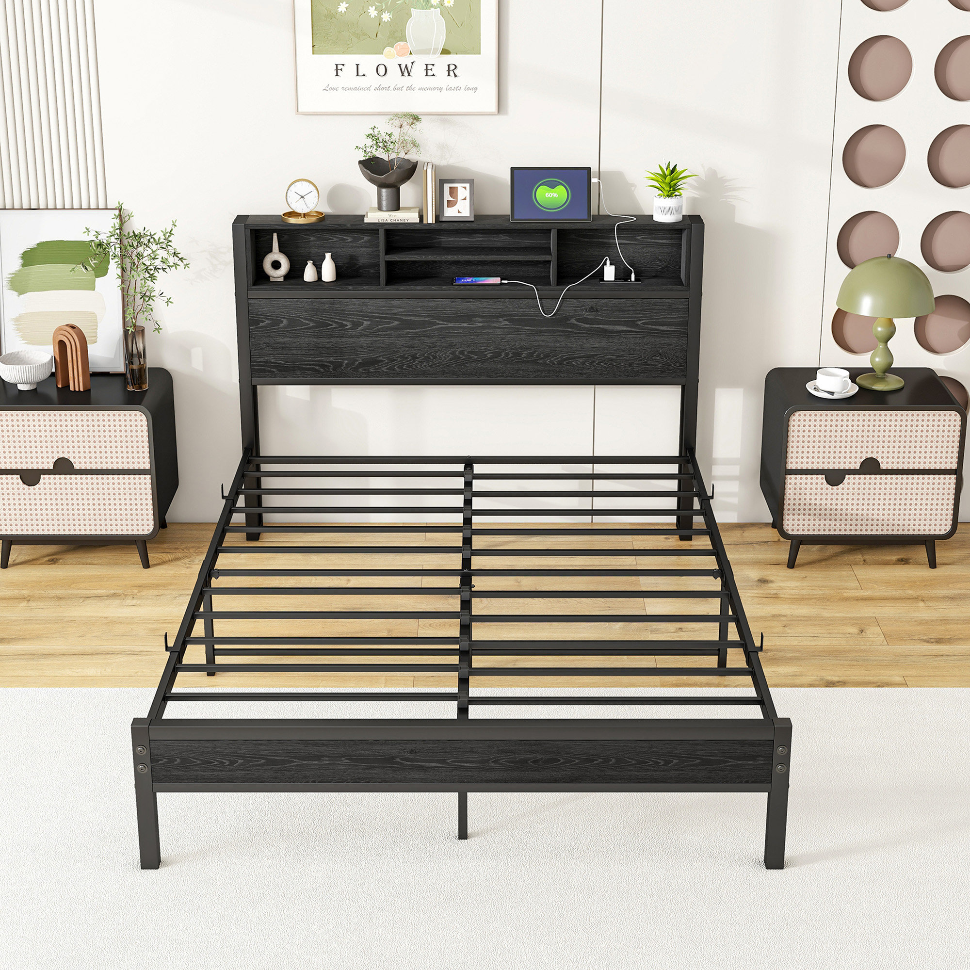 Ebern Designs Full Size Bed Frame With Storage Headboard, Metal ...