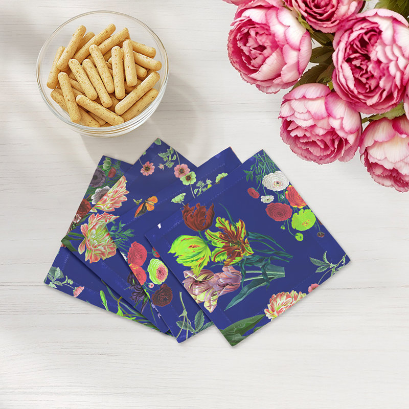 Flora Fauna Cotton Sateen Cocktail Napkins, Blue