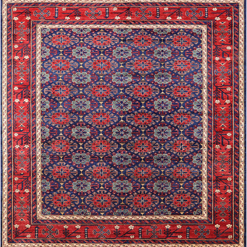Tapis oriental rouge / bleu Rosier, Carré 4 pi