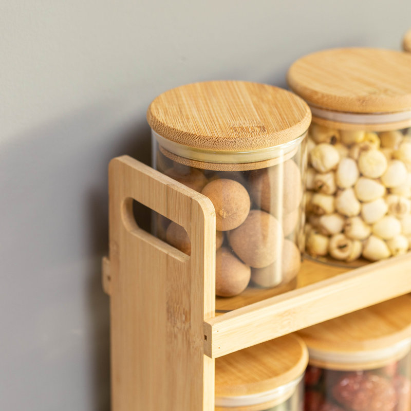 Support à épices et garde-manger polyvalent en bambou à 2 niveaux avec 8 pots en verre - parfait pour le rangement sur le comptoir dans les cuisines afin de garder les récipients d'assaisonnement bien exposés et facilement accessibles