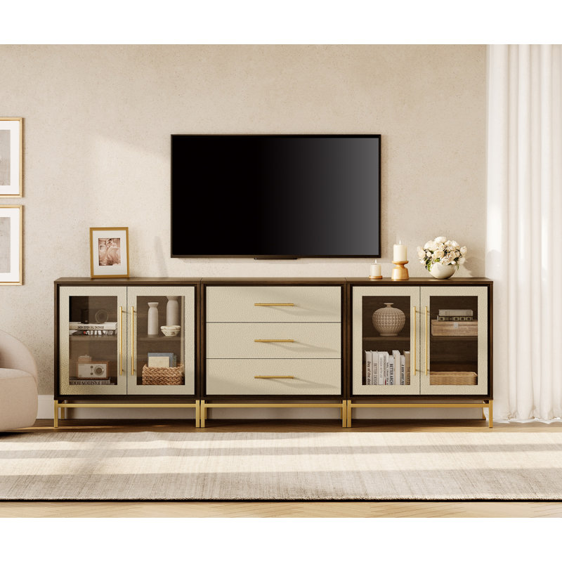  Modern TV Stand For 100 Inch TV With Drawer And Glass Cabinet, Glass/Manufactured Wood/Leather/Metal