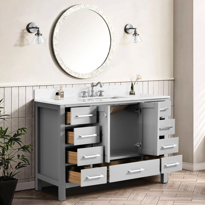 Meuble-lavabo gris de 48 po avec comptoir, bois massif, tiroirs à fermeture en douceur, look moderne pour meuble-lavabo autoportant avec plan de transformation, gris, fermeture en douceur, fonction légère
