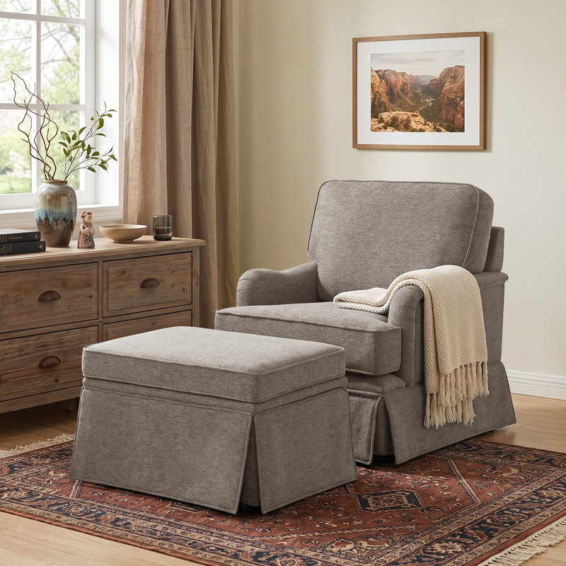 Upholstered Skirted Swivel Accent Arm Chair With Storage Ottoman, Light Brown Chenille
