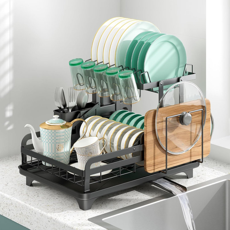 2-tier metal dish drying rack, no installation required Sturdy dish rack for kitchen countertops with draining board Multifunctional storage and draining unit