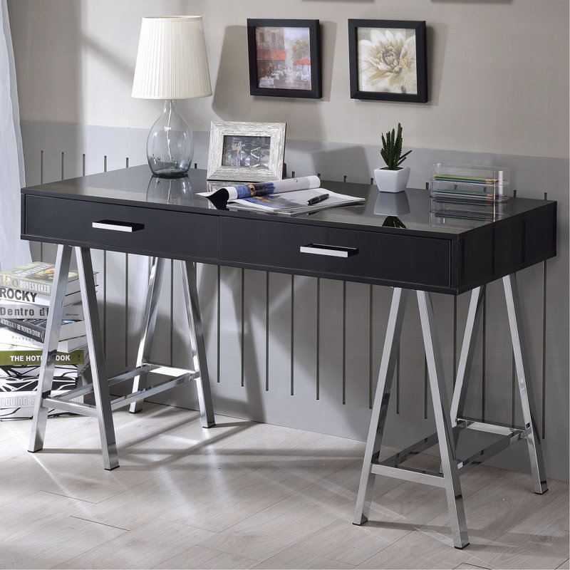 Bureau d'écriture noir à 2 tiroirs noir brillant