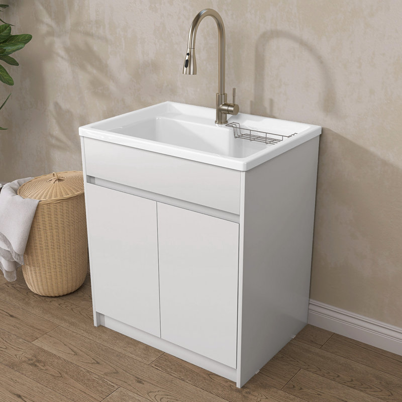 Getpro 30 in. Freestanding Solid Surface Laundry Utility Sink with Faucet and Cabinet