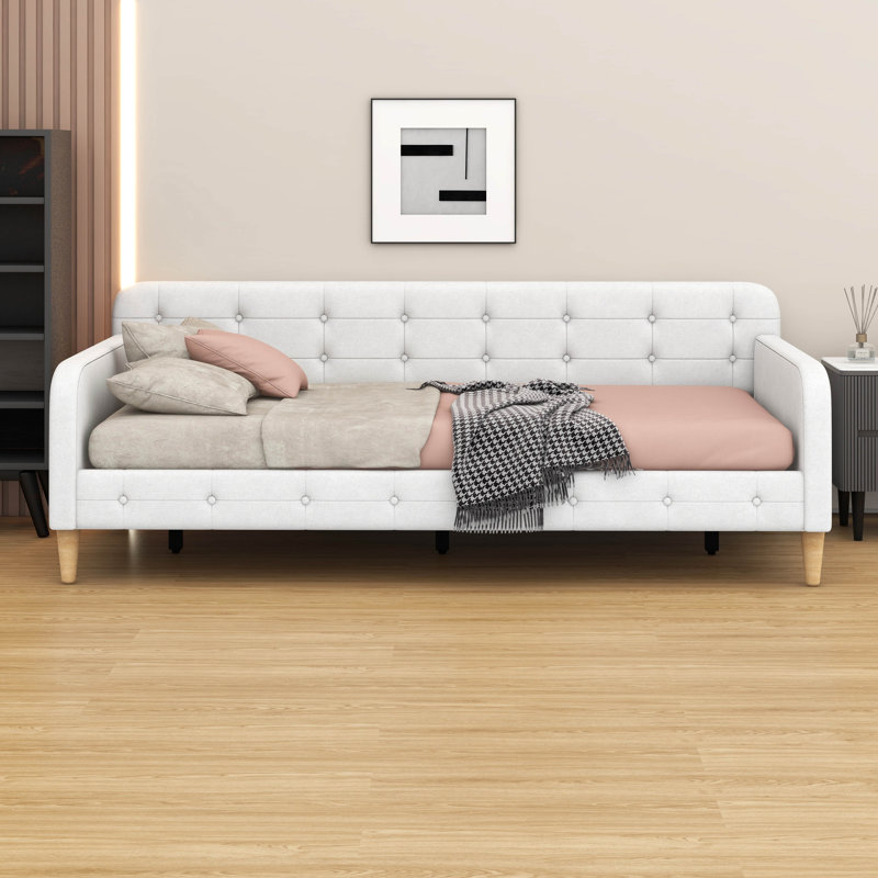 Structure de lit de jour rembourrée avec 4 pieds en bois - Canapé-lit multi-usage pour les salons et les appartements, aucun sommier nécessaire