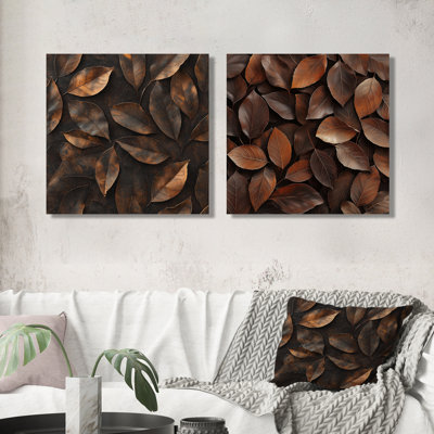 «Brown Sable Leaves I» - décoration murale feuilles - art mural traditionnel 2 pièces