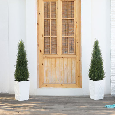 Adcock Faux Cedar Topiary Tree 4FT - UV Resistant Fake Cypress Tree with Big Planter and Decorative Plants