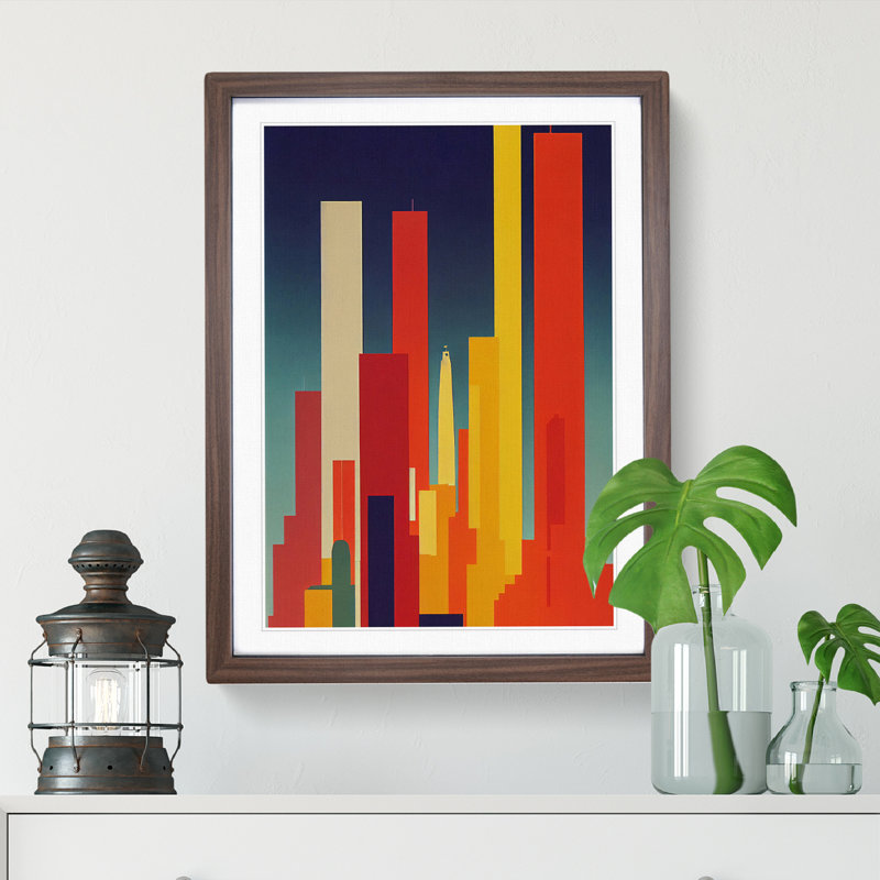 City Skyline Abstract No.5 - Single Picture Frame Print, 46cm H x 34cm W x 2cm D, Walnut