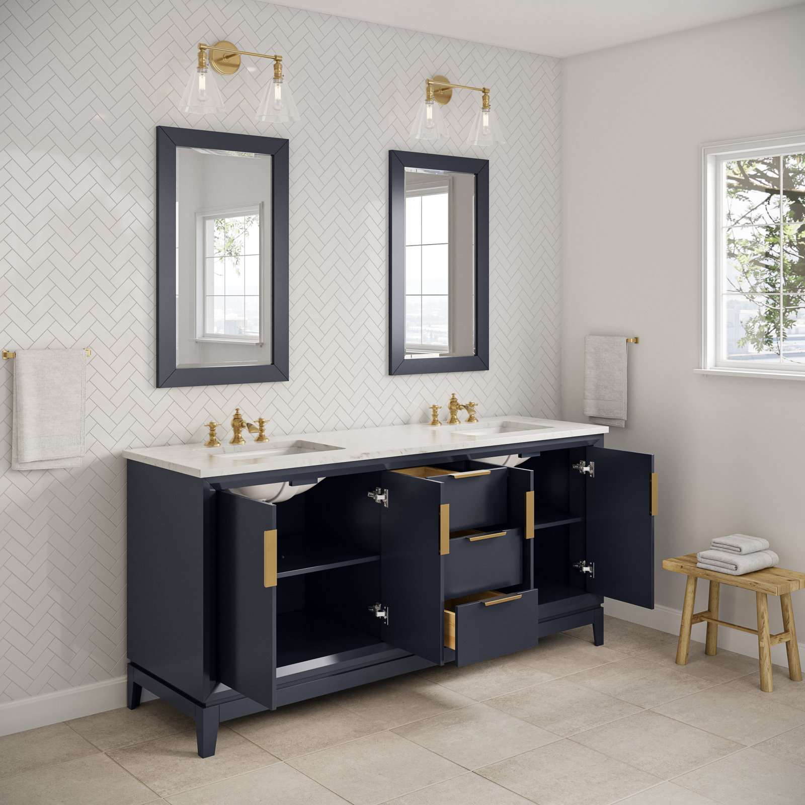 Charlise 72" Carrara Marble Double Bathroom Vanity, Monarch Blue, Waterfall