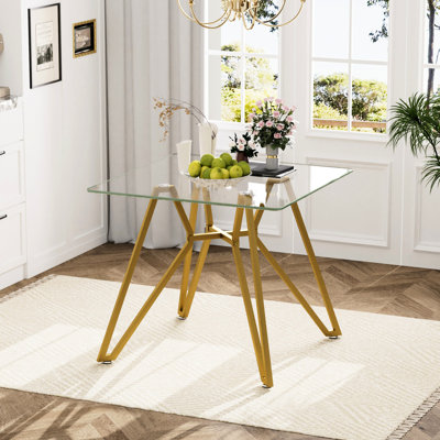 Table de salle à manger en verre doré, 35,4 pouces de dimensions, idéale pour les restaurants contemporains, stable et compacte, carrée de table trempée, espaces de bureau pour réunions de famille, teinture