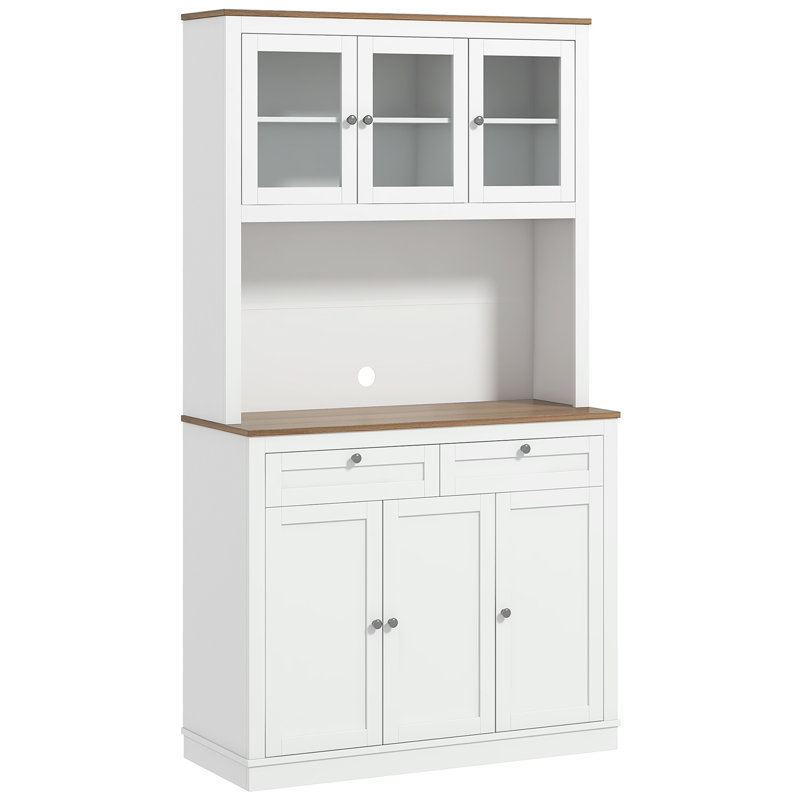 Armoire de rangement pour garde-manger de 71 po de hauteur avec support pour micro-ondes, buffet autoportant avec huche, 2 tiroirs, 5 portes, tablettes réglables et portes en verre pour la cuisine, la salle à manger, HOMcom