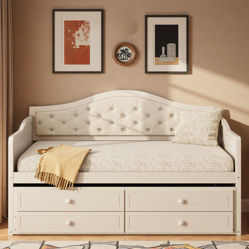 Wooden Daybed With Trundle, 2 Storage Drawers And Upholstered Button Tufted Backrest, Beige