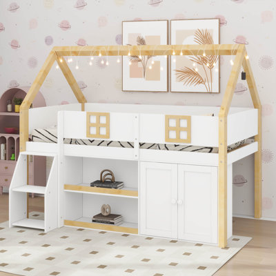 Lit mezzanine bas avec lumières DEL, lit mezzanine en bois avec escalier, tablettes et armoires de rangement