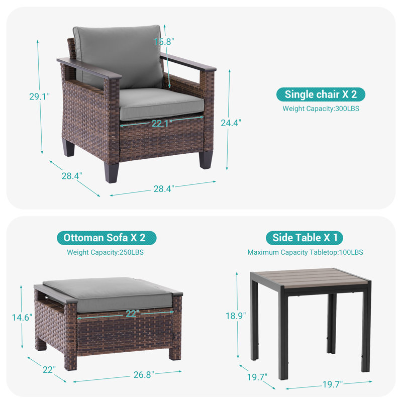 Ensemble de meubles en rotin 5 pièces avec table d'appoint et chaise de patio, Gris